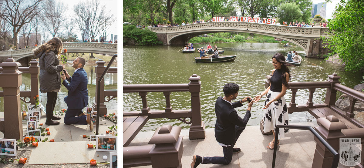 Marriage proposal with Bow Bridge on background in Central Park