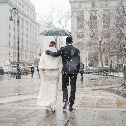 Photo of just married couple in NYC under the snow