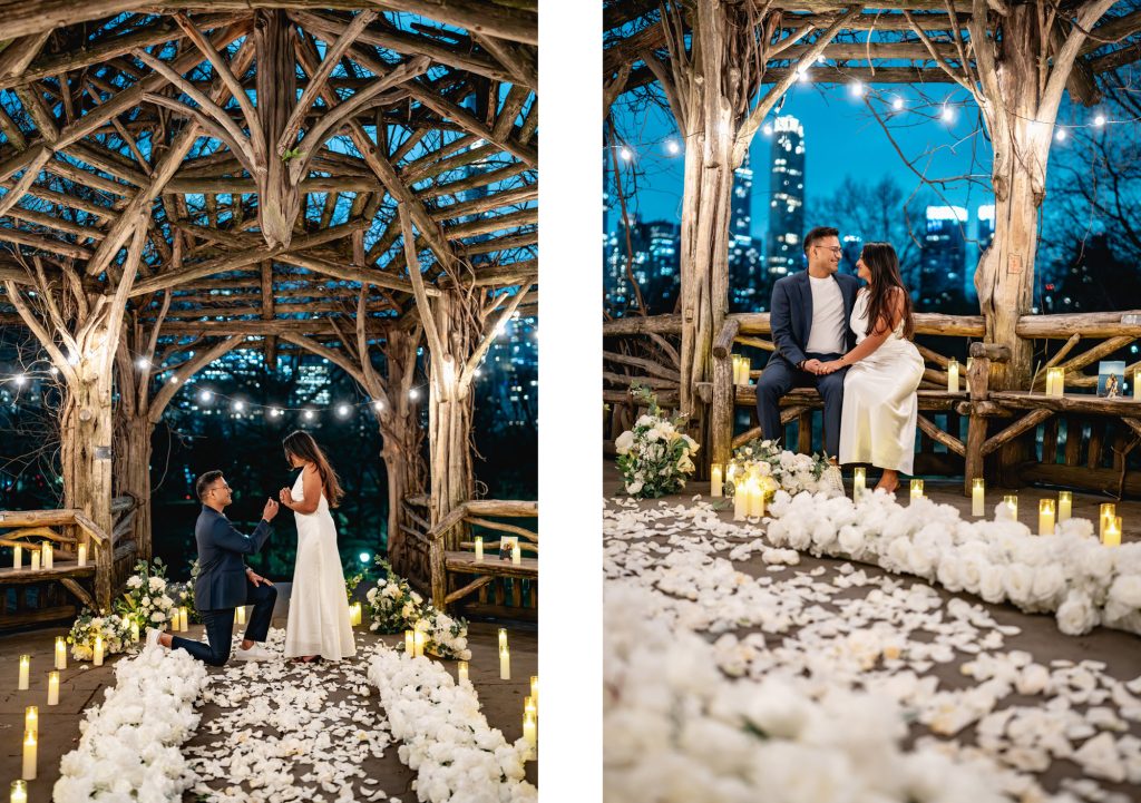 Proposal at the Dene Summerhouse in Central Park at blue hour, white flowers and a petal aisle, city lights beyond
