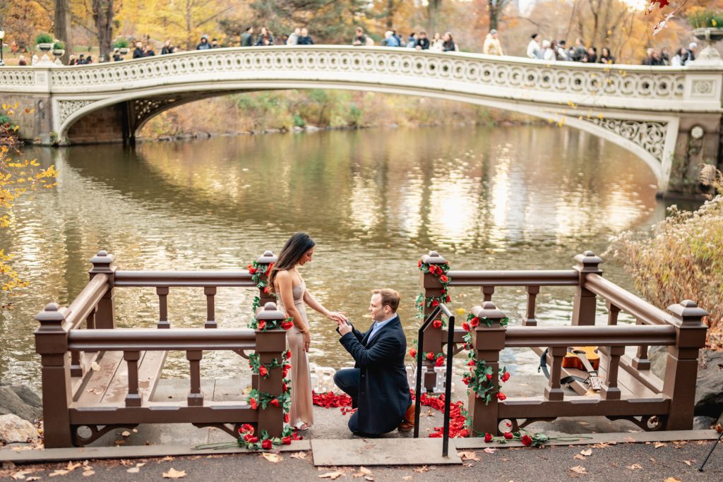 Man proposing on one knee on the wooden platform under Bow Bridge, red roses along the railing on an autumn morning