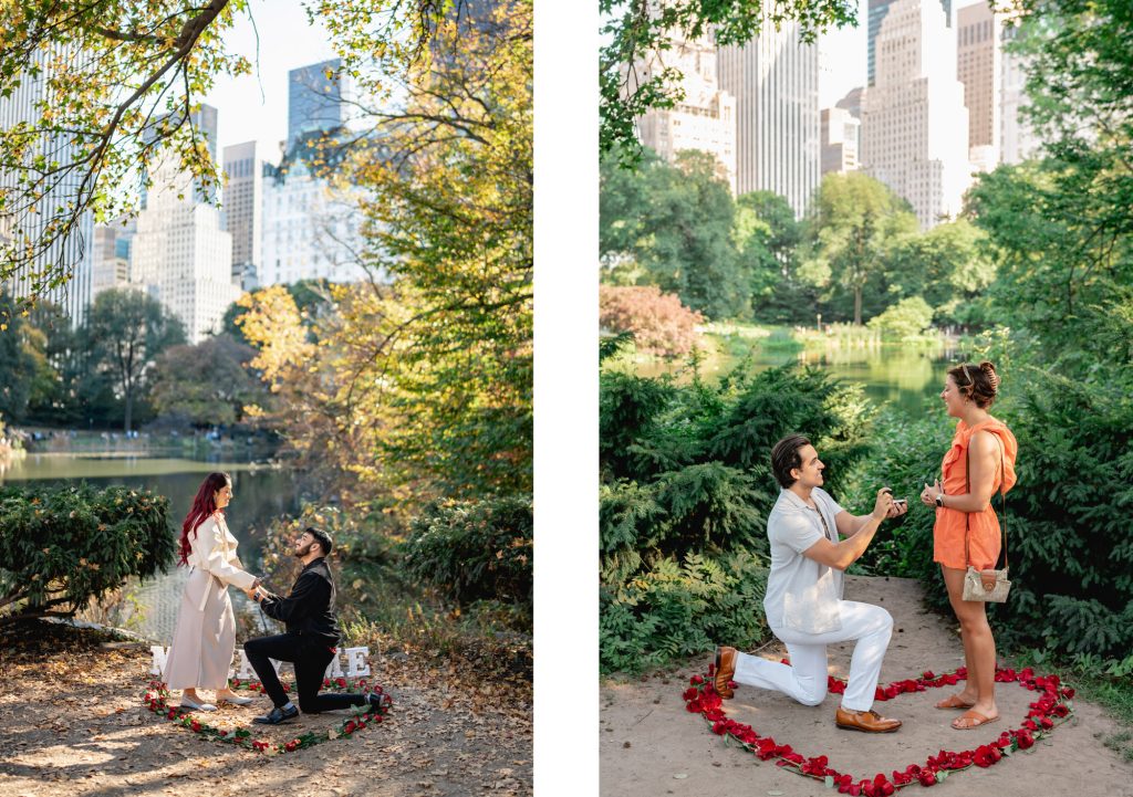 Two Central Park proposals at Lake Plaza: one among autumn leaves, one inside a heart of red rose petals