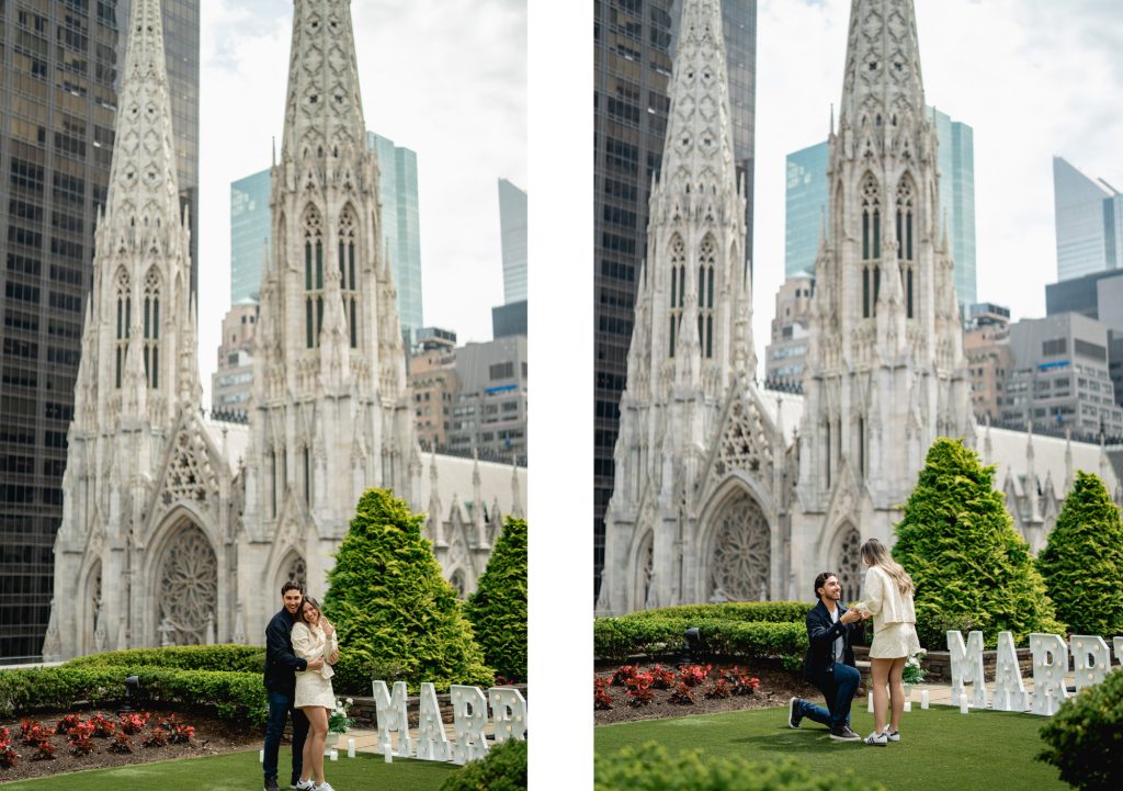 Couple by giant MARRY ME letters at 620 Loft & Garden, the towers of St. Patrick's Cathedral behind them