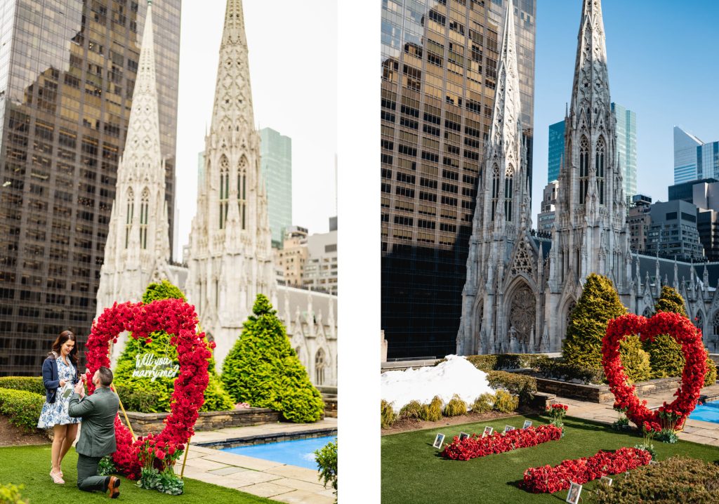 Proposal at a red rose heart at 620 Loft & Garden, St. Patrick's Cathedral and Midtown towers behind