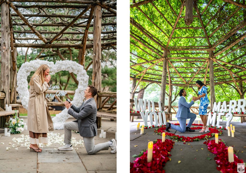 Two proposals at the Cop Cot gazebo in Central Park, one with a white flower heart, one with red petals and MARRY ME letters