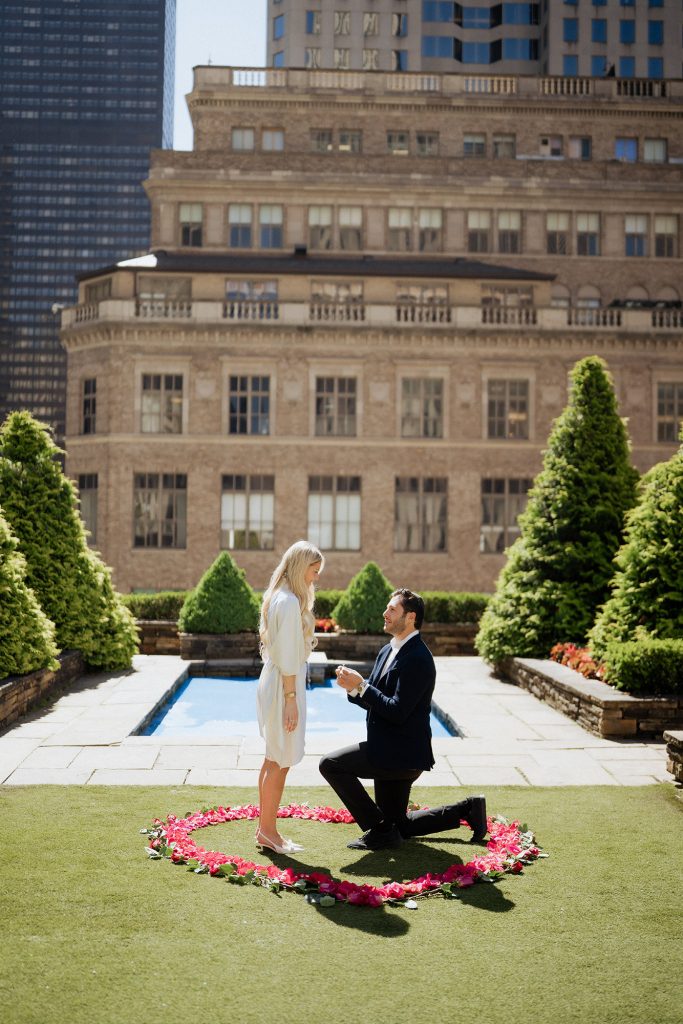 Proposal beside the reflecting pool at 620 Loft & Garden, overlooking St. Patrick's Cathedral